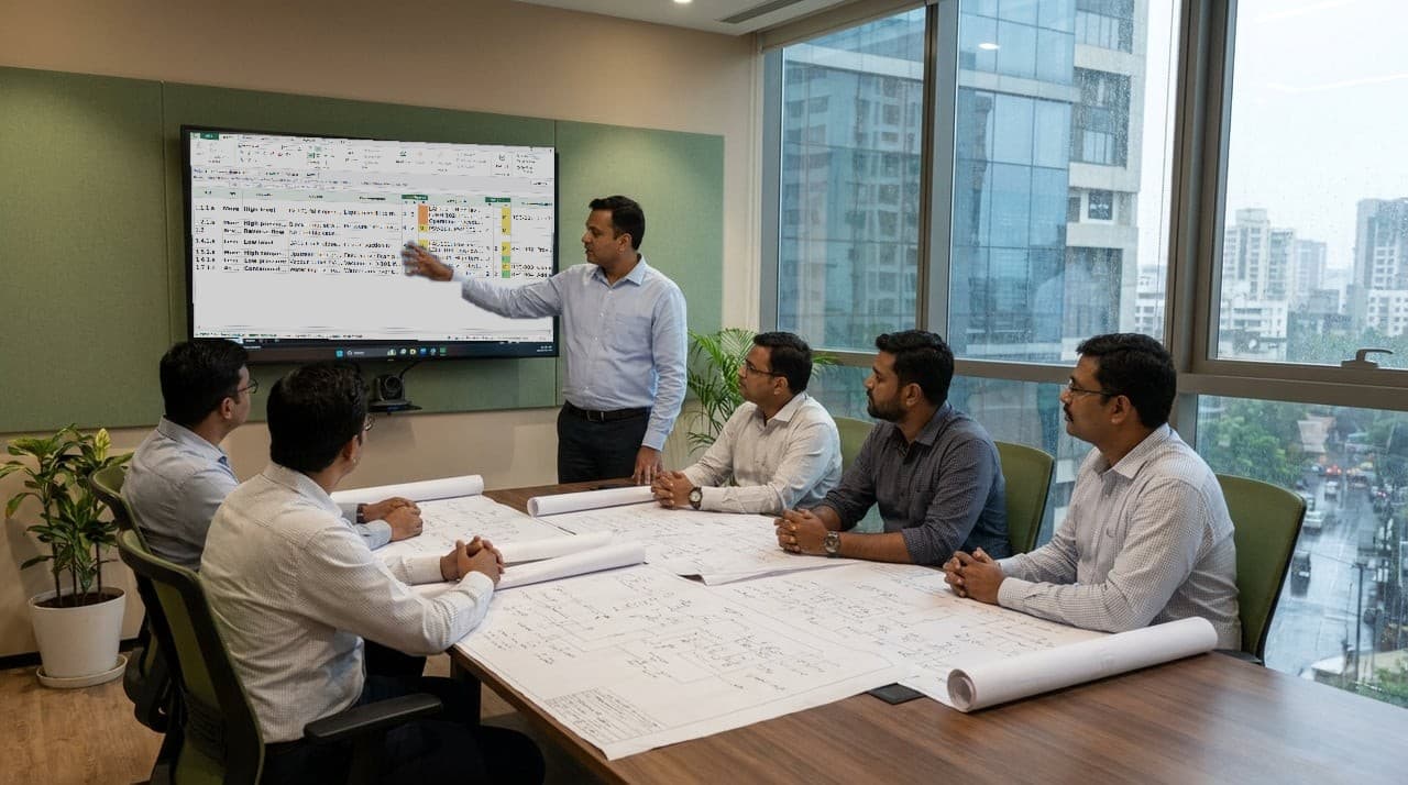 A hazard study session, the chair working through the PHAx worksheet on the wall display while the team follows on printed drawings
