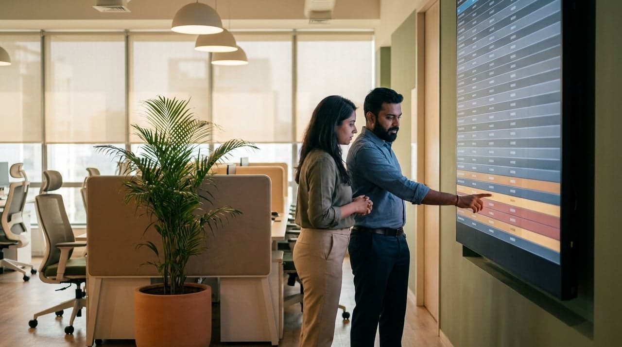 Two managers reviewing a long action list on a wall monitor, overdue rows marked