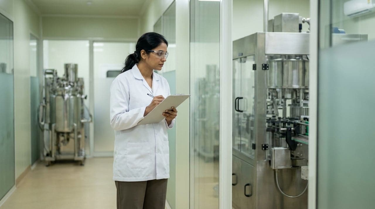 A quality engineer verifying equipment against a checklist in a clean production area
