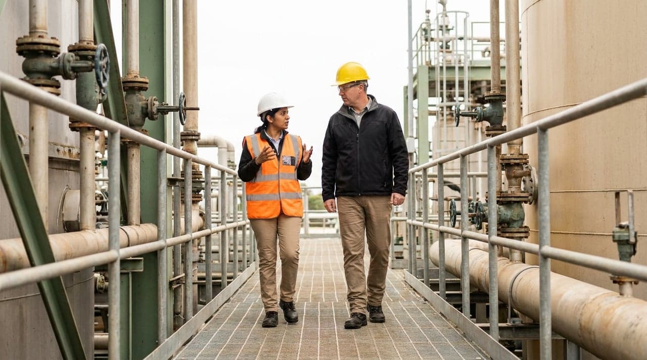 An EHS manager and a supervisor walking a plant walkway in conversation