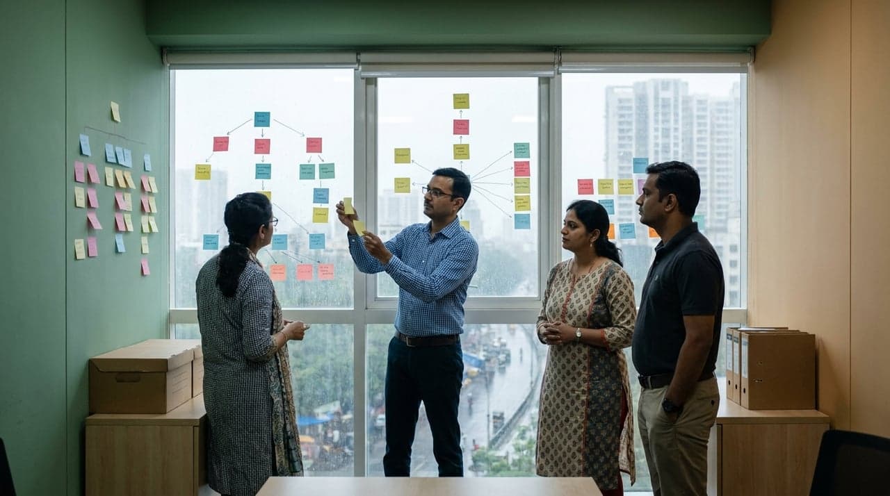 Engineers building a causal tree on a glass wall during an incident investigation