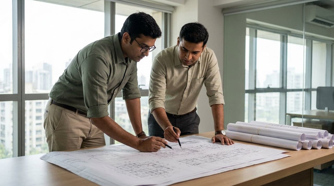 Two engineers marking a change on a large printed process drawing