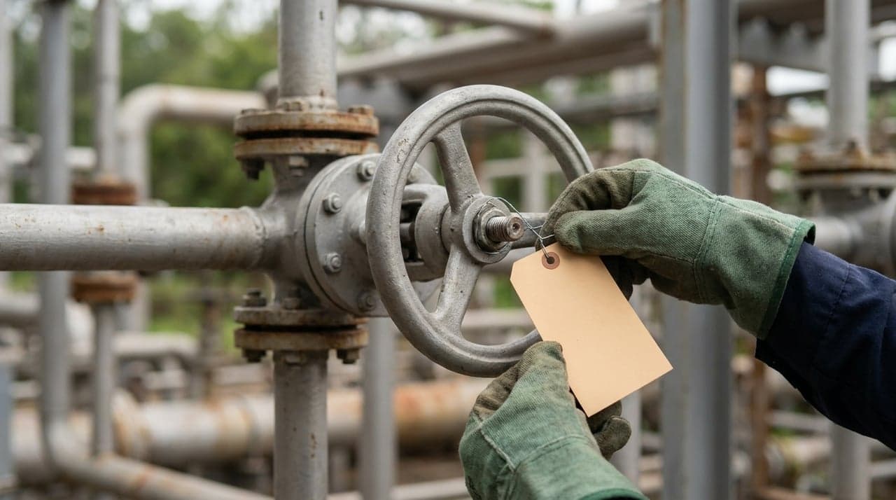 A gloved hand attaching a tag to a valve handwheel at a process plant