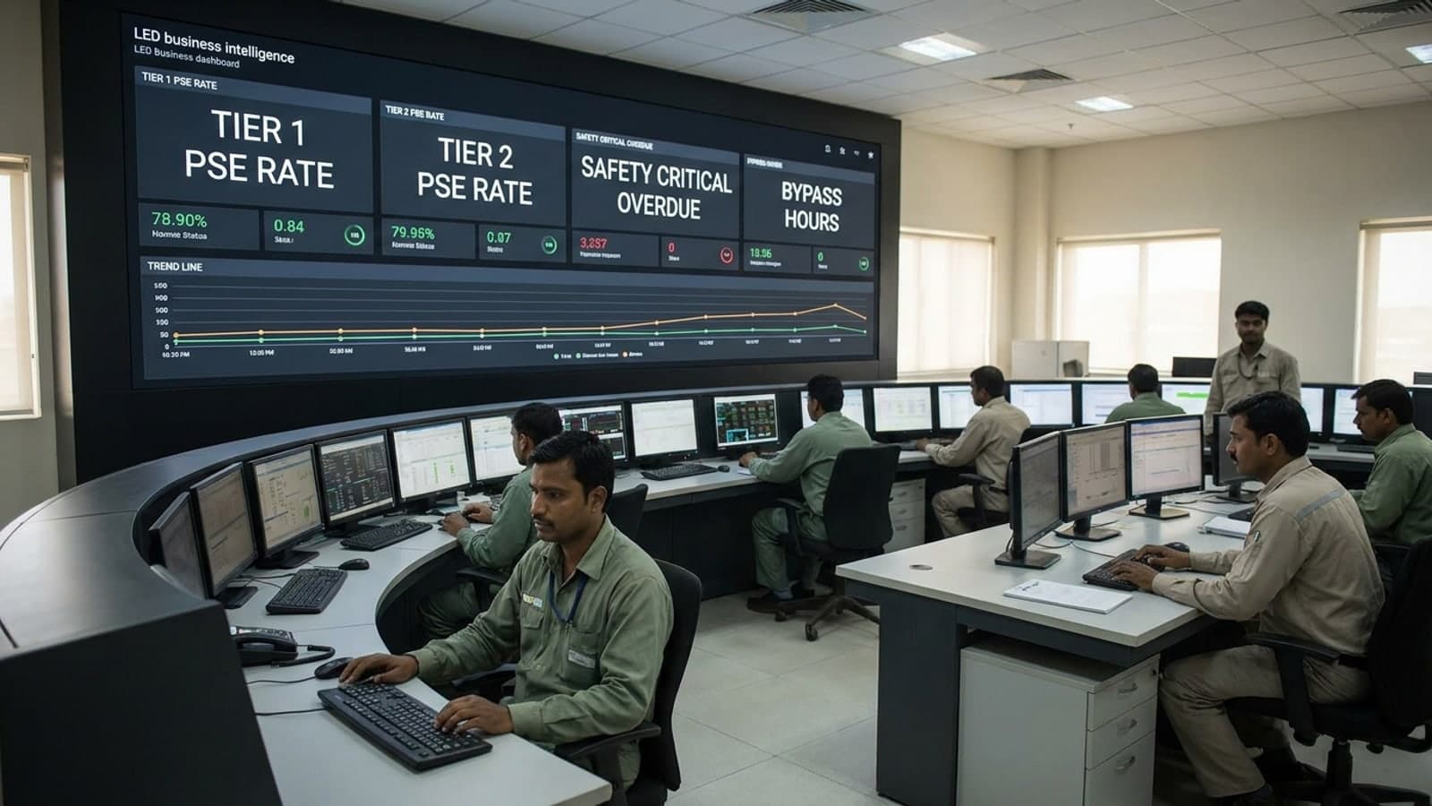 A plant control room with a large wall dashboard showing tier rates, safety critical overdue items and bypass hours