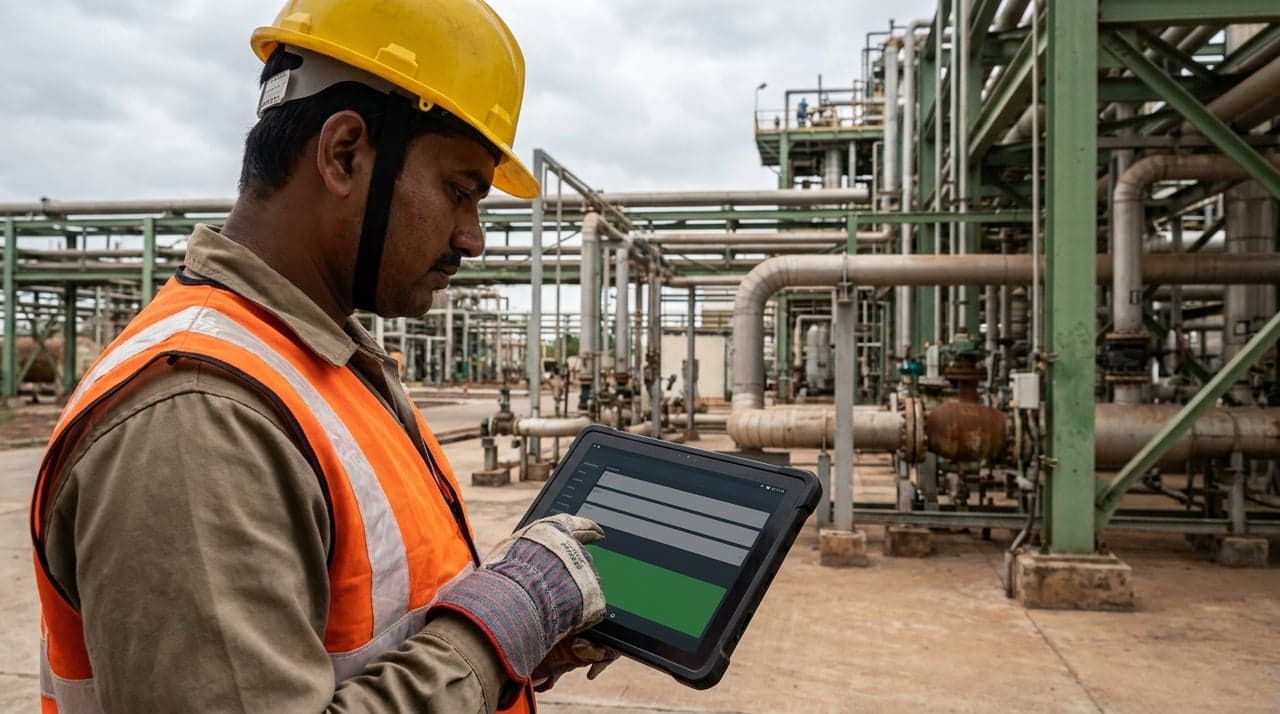 A technician in a hard hat entering a record on a rugged tablet during a plant round