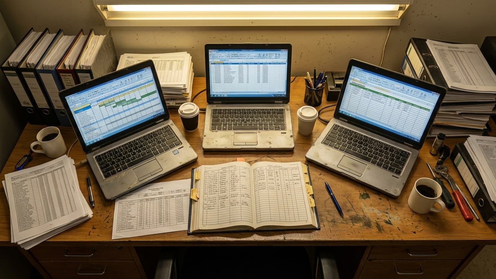 A manager standing over a desk covered in printed forms, binders and loose paper, filing cabinets behind