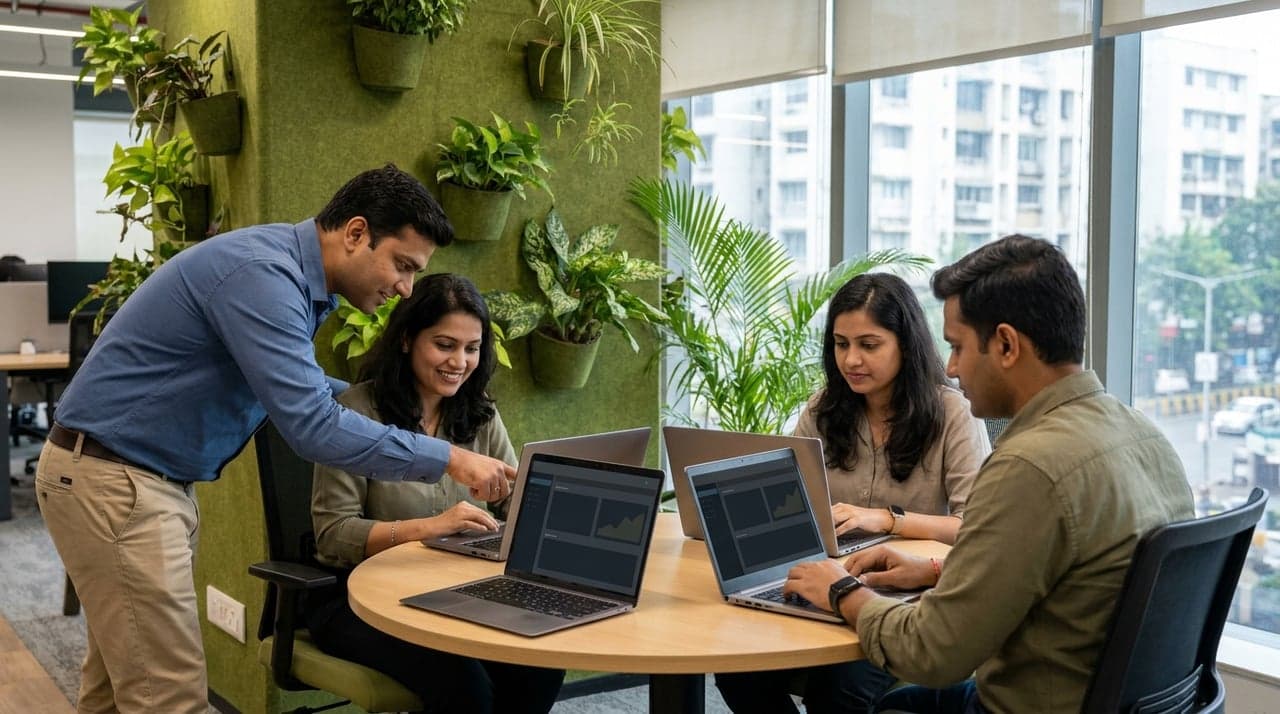 Colleagues working together on laptops in an office collaboration corner