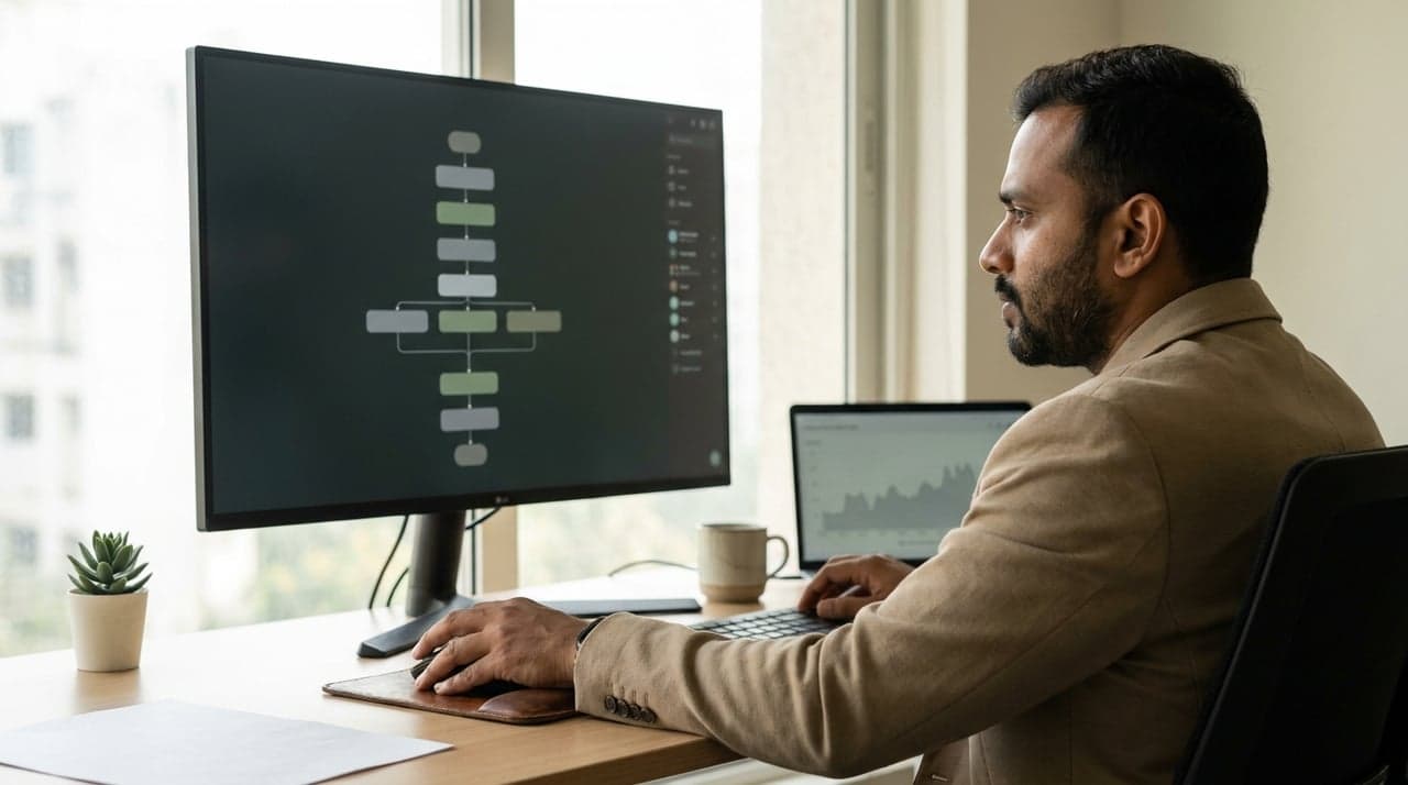 An analyst building an automation flow on a large monitor