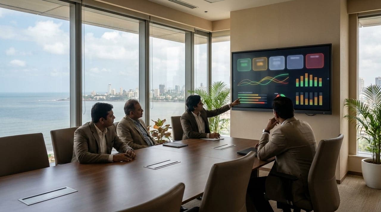 A management review in a Mumbai boardroom facing a wall display of process safety indicators