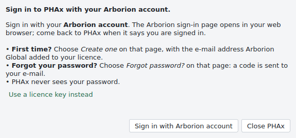 The PHAx sign-in window: sign in with your Arborion account, create one the first time, or reset a forgotten password