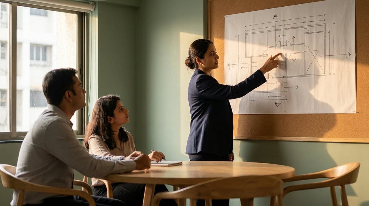 A study leader standing at a wall mounted drawing working a node with the team