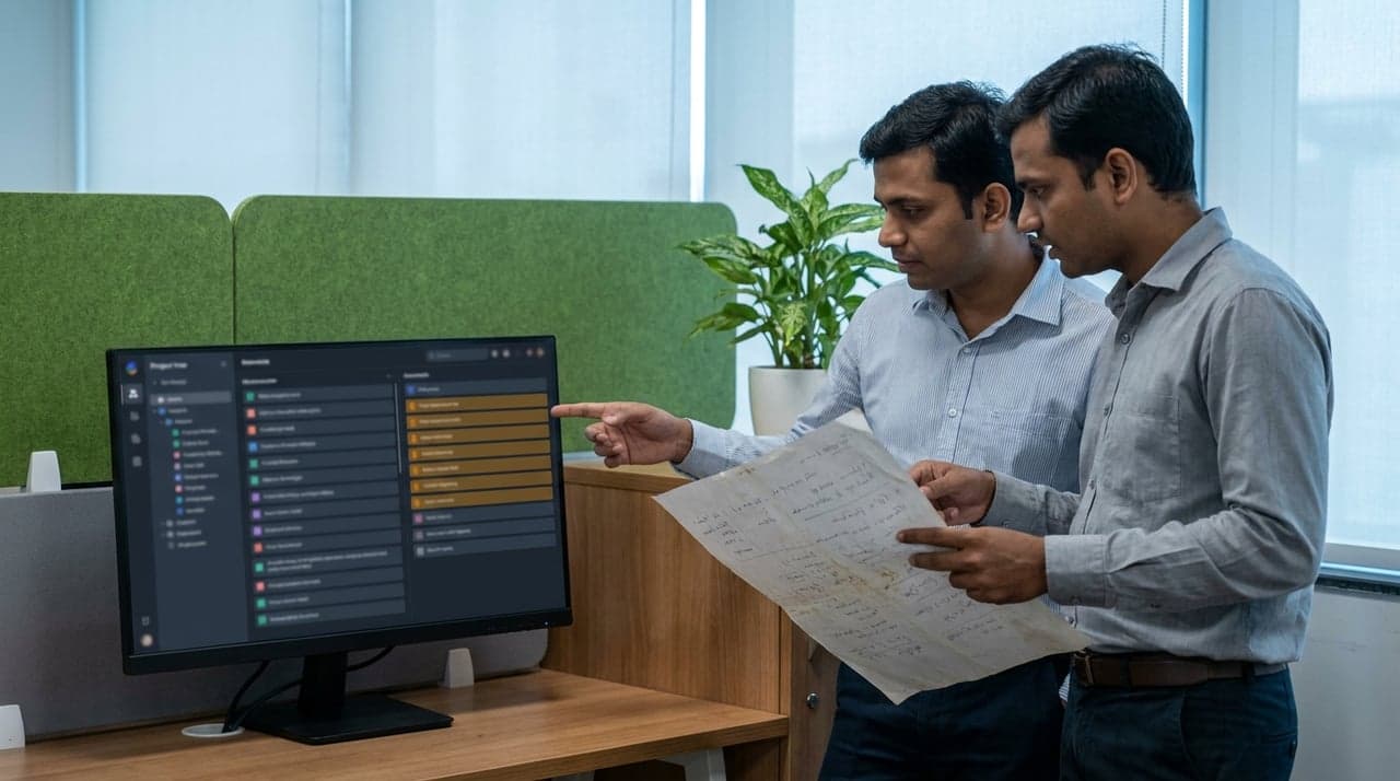 Two engineers comparing a marked up previous study against the current record on screen