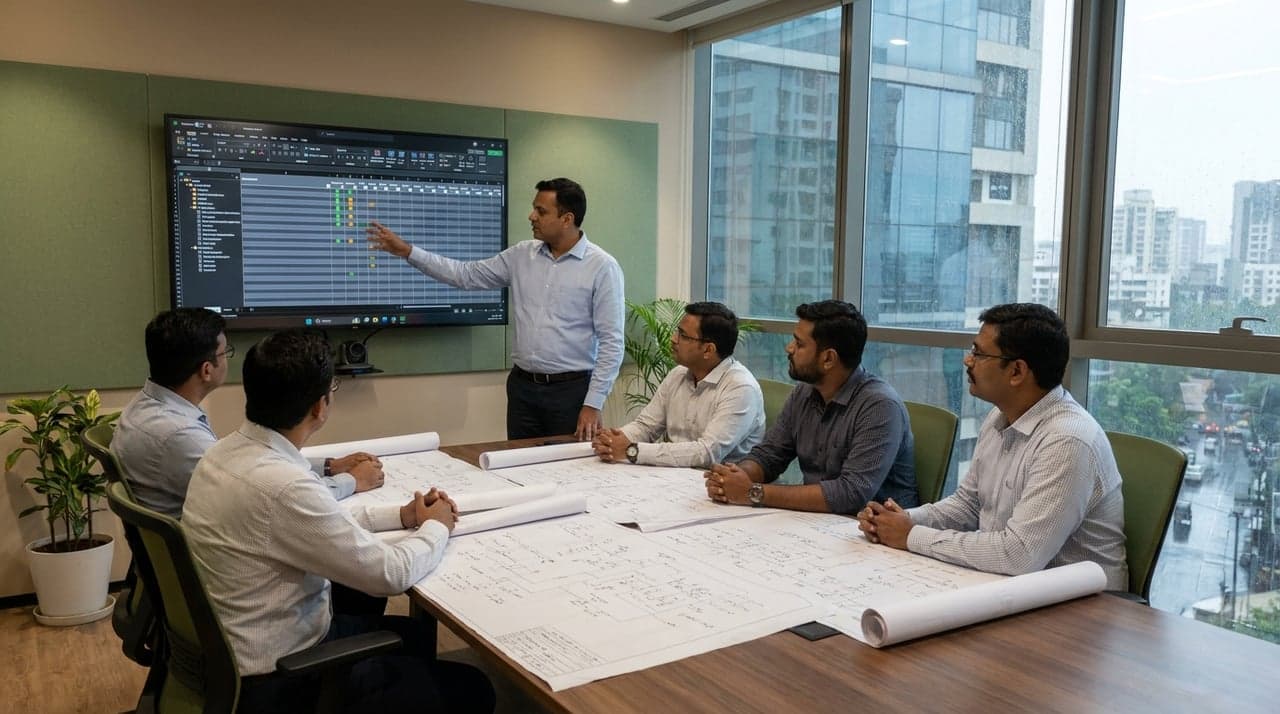 A hazard study session in progress, the chair working a node at a wall display while the team follows on printed drawings