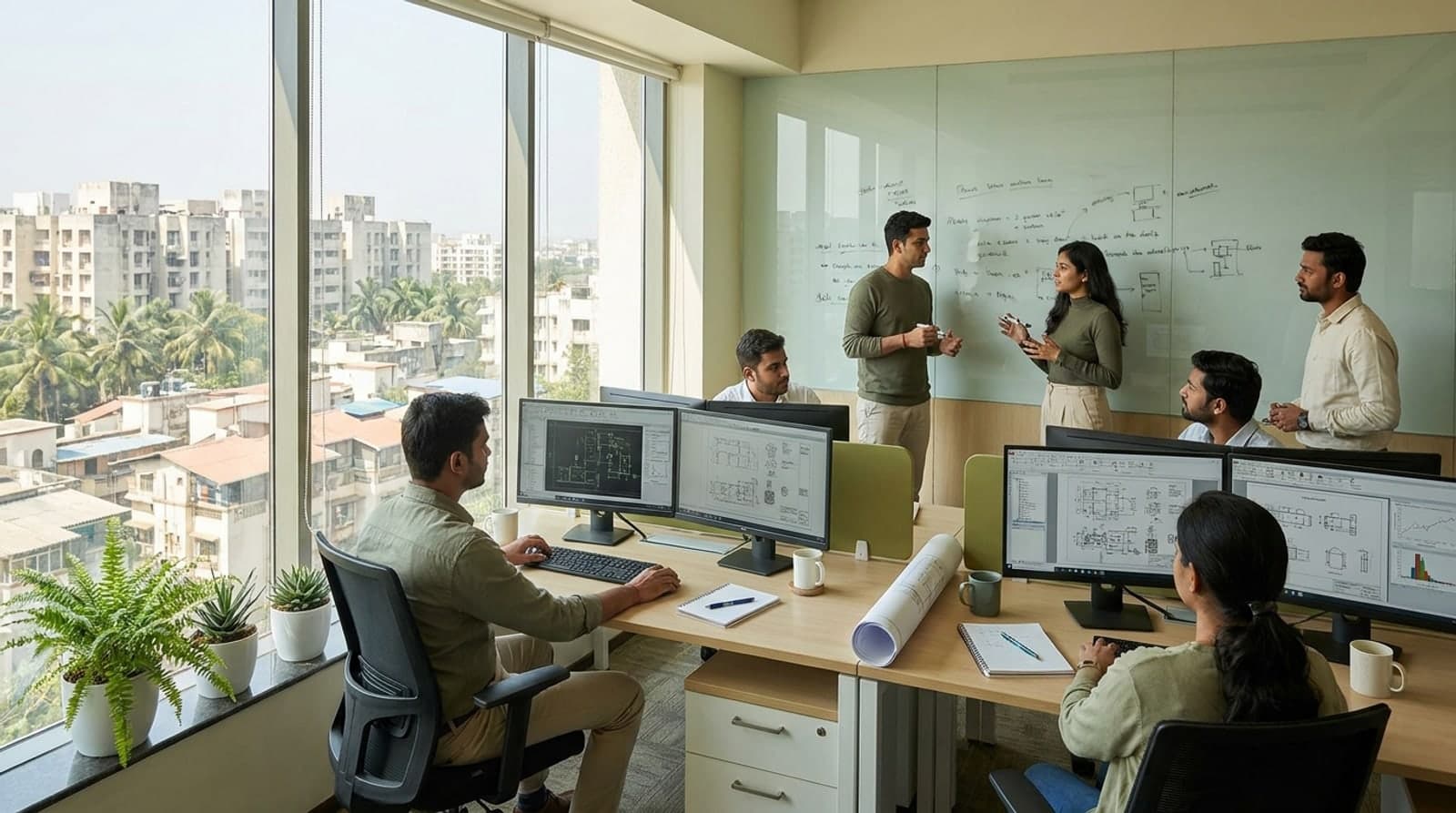The Arborion engineering office in Thane, engineers working at drawing stations with two colleagues talking a problem through at a writing wall