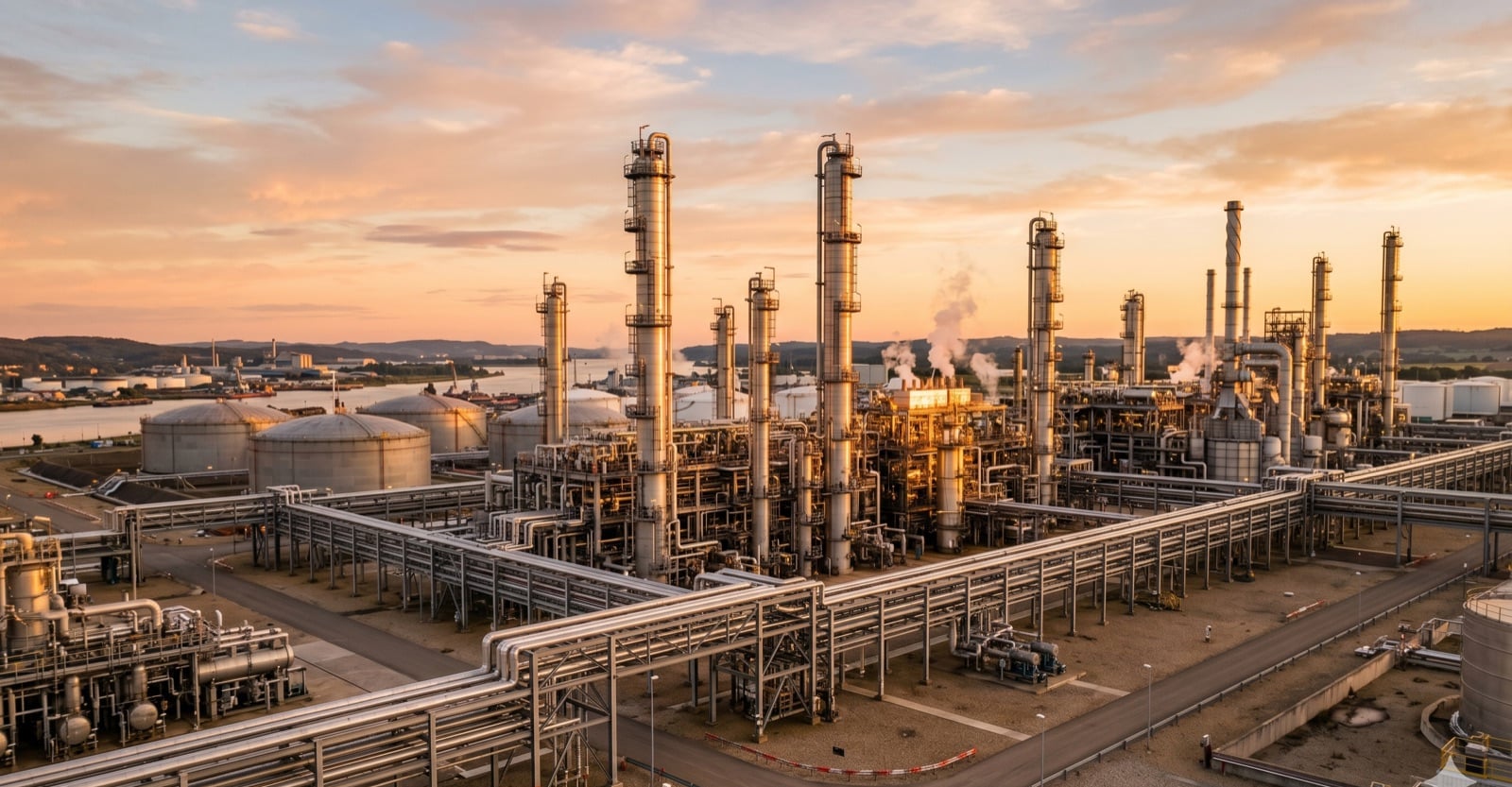 Petrochemical refinery at golden hour — Arborion Global core practice domain