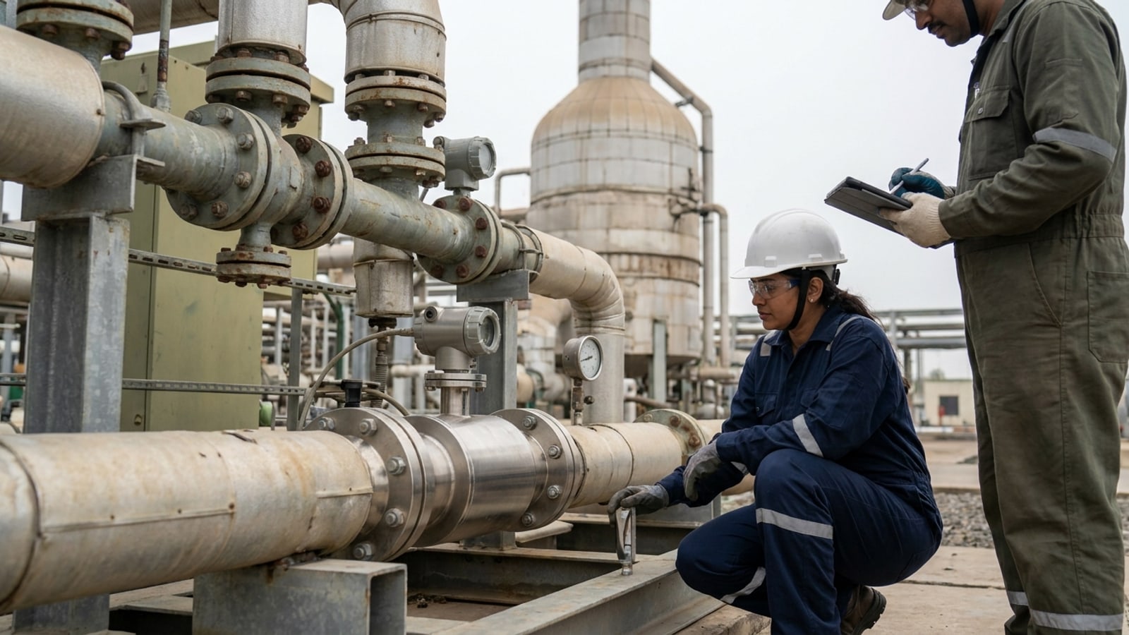 Engineers reading a fuel gas metering skid with an ultrasonic flow meter at a process plant