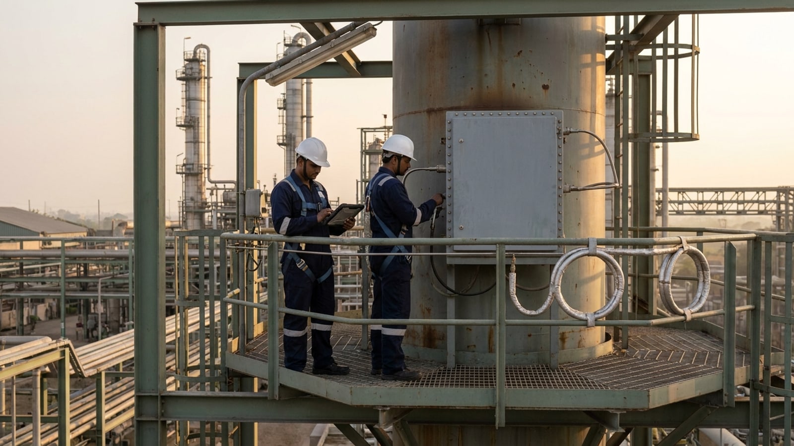 Engineers at a continuous emissions monitoring cabinet on a stack platform at a chemical plant
